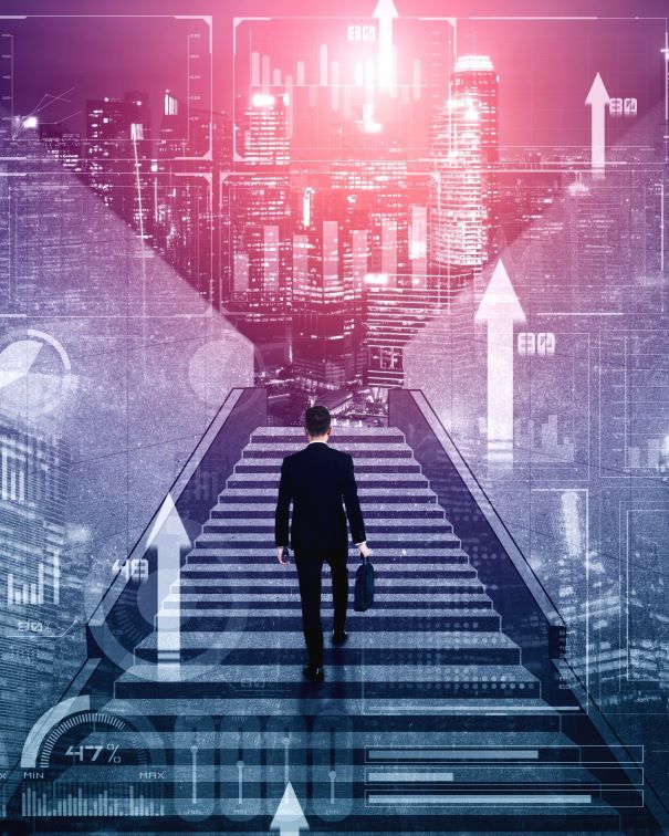 Business growth potential concept with virtual graphic of financial success . Businessman with report chart up forward to global career path growth and achievement in stock market investment